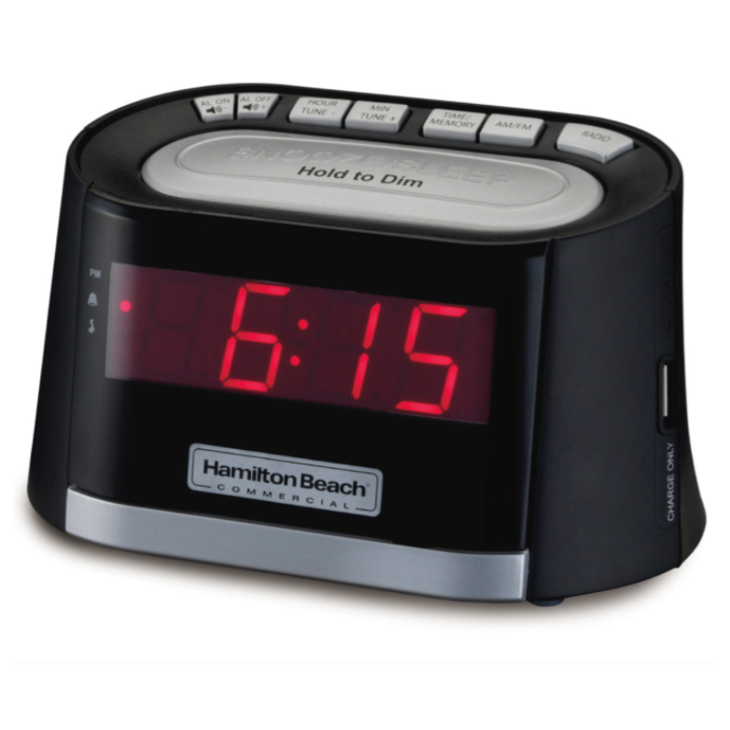 Clock radio 0.9" LED display, USB port, Dimmer Feature, Snooze, AM/FM , Alarm On Indicator, Single day alarm