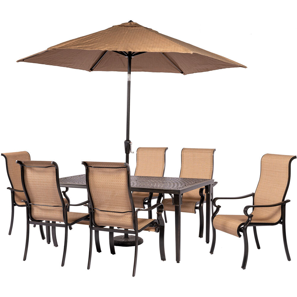 Hanover Brigantine 7-pc Dining Set: Alum. Table, 6 Chairs, Umbrella, Base32