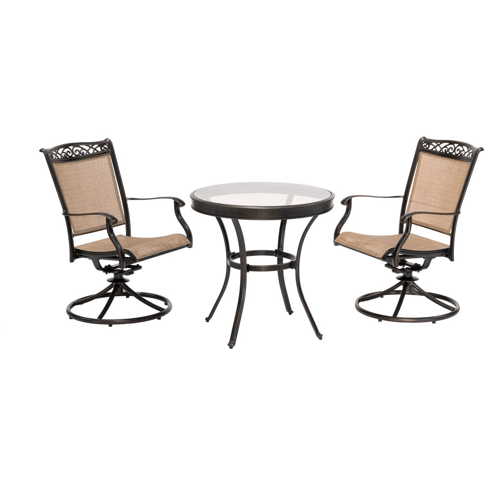 Hanover Fontana3pc: 2 Sling Swivel Rockers, 30" Glass Top Table48
