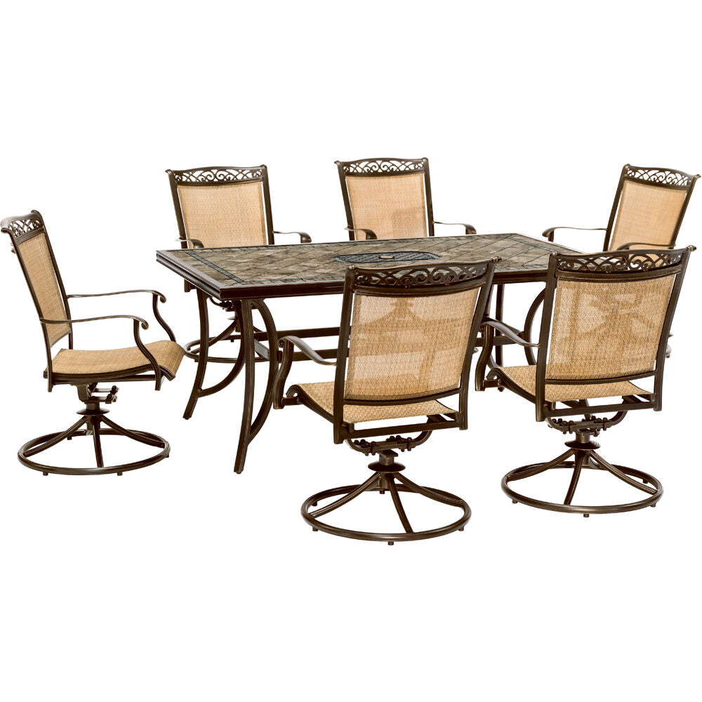 Hanover Fontana7pc: 6 Sling Swivel Rockers, 40x68" Tile Top Table65