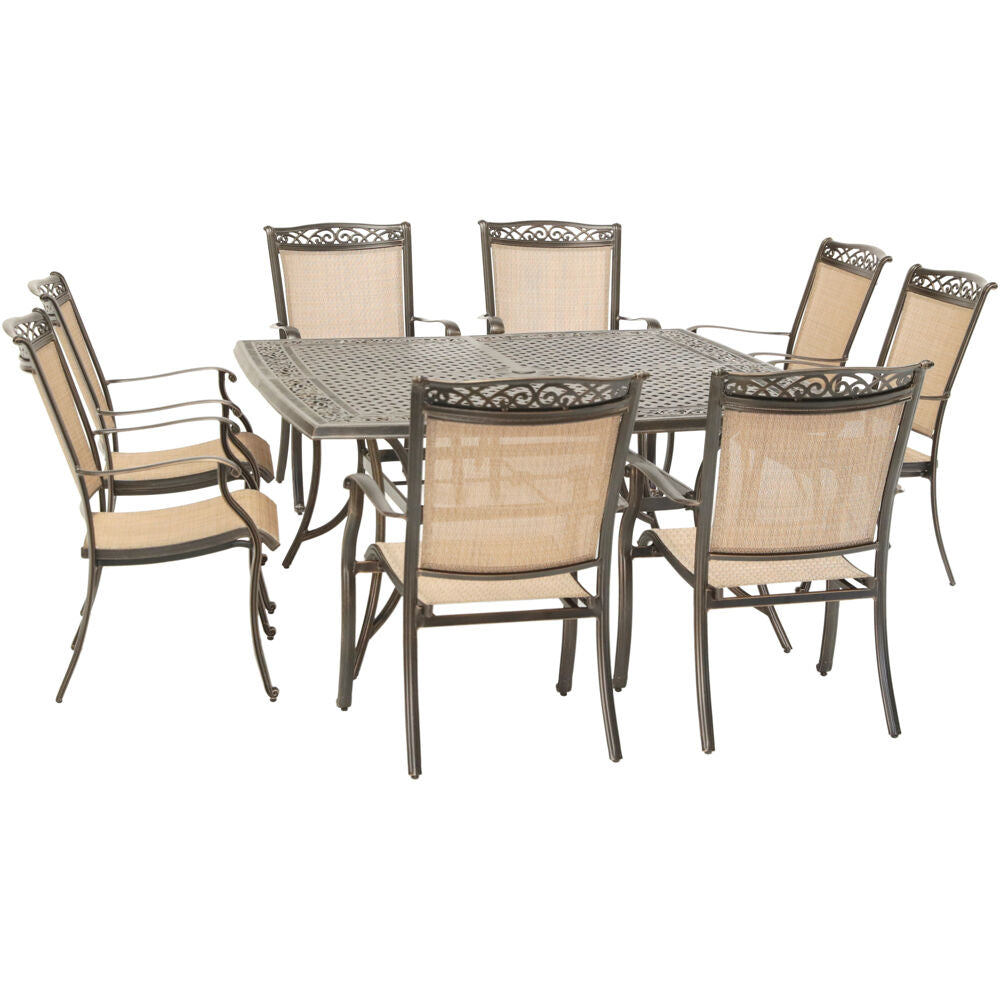 Hanover Fontana9pc: 8 Sling Dining Chairs and 60" Square Cast Table74