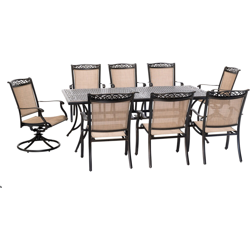 Hanover Fontana9pc: 6 Dining Chairs, 2 Swivel Rockers, 42"x84" Cast Table76