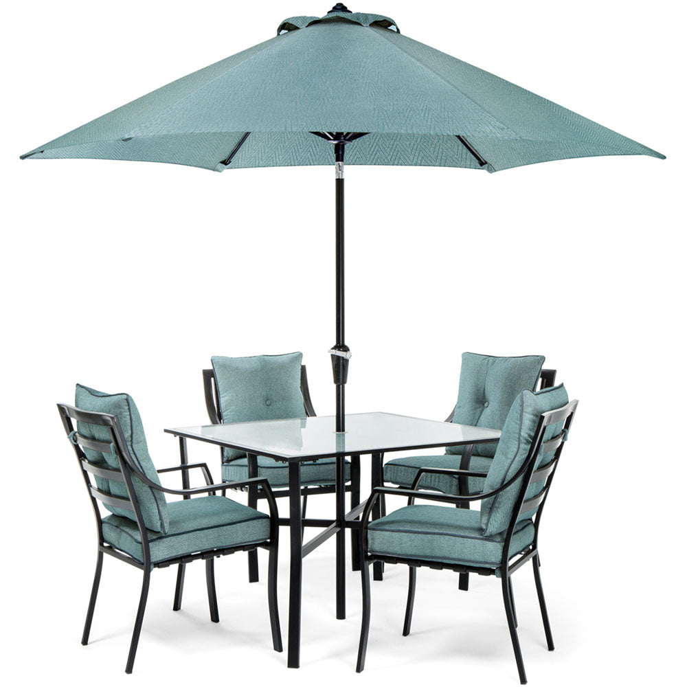 Hanover 5pc Dining Set: 4 Chairs, 1 Square Table, 1 Umbrella, 1 Umb Base84