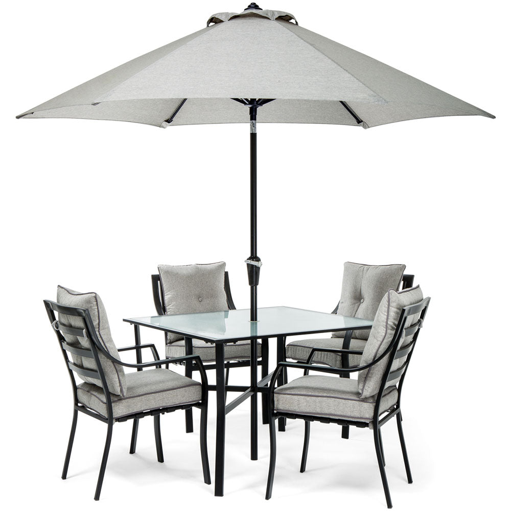 Hanover 5pc Dining Set: 4 Chairs, 1 Square Table, 1 Umbrella, 1 Umb Base90