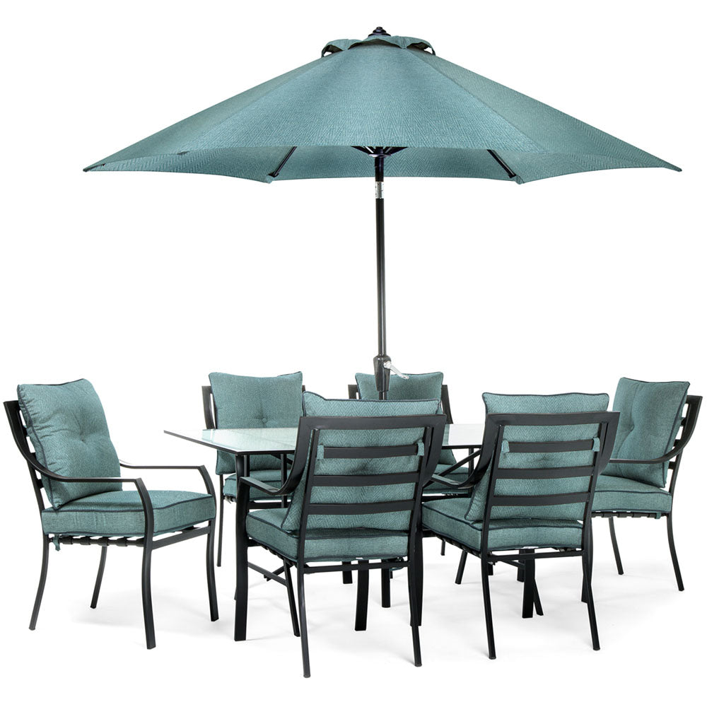 Hanover 7pc Dining Set: 6 Chairs, 1 Table, 1 Umbrella, 1 Umb Base100