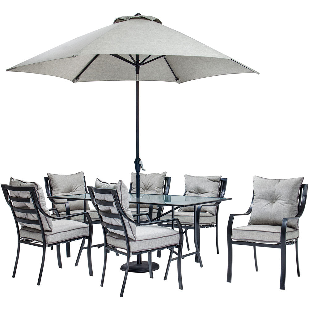 Hanover Lavallette 7pc Dining Set: Glass Table, 6 Cushion Chairs, Umbrella/Base101