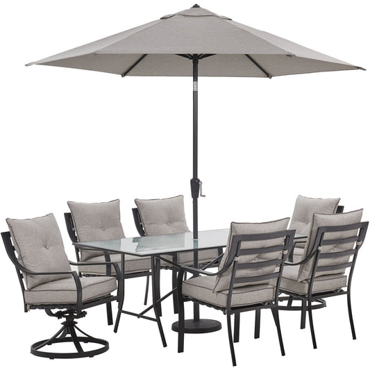 Hanover Lavallette7pc: 4 Dining Chrs, 2 Swivel Chrs, Rect. Glass Tbl, Umb & Base105
