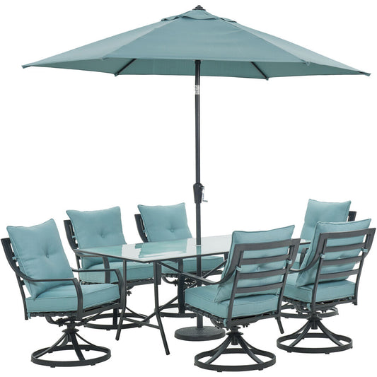 Hanover Lavallette7pc: 6 Swivel Dining Chairs, Rectangle Glass Tbl, Umb & Base107