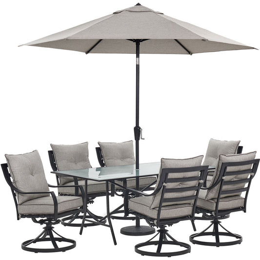Hanover Lavallette7pc: 6 Swivel Dining Chairs, Rectangle Glass Tbl, Umb & Base109