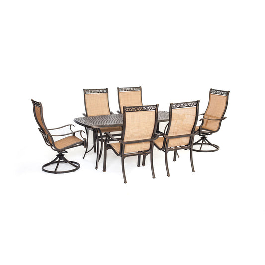 Hanover Manor7pc: 4 Sling Dining Chairs, 2 Sling Swivel Rockers, 38x72 Cast Tbl122