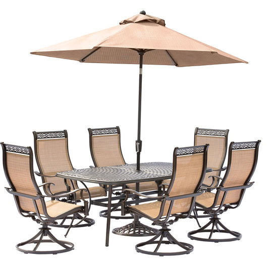 Hanover Manor7pc: 6 Sling Swivel Rockers, 38x72" Cast Table, Umbrella, Base124