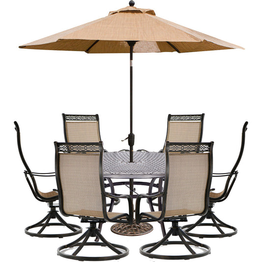 Hanover Manor7pc: 6 Sling Swivel Rockers, 60" Round Cast Table, Umbrella, Base126