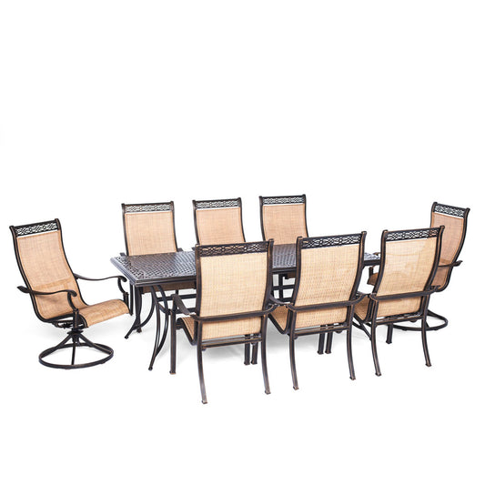 Hanover Manor9pc: 6 Sling Dining Chairs, 2 Sling Swivel Rockers, 42x84" Cast Tbl130