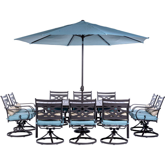 Hanover Montclair11pc: 10 Swivel Rockers, 60"x84" Table, Umbrella, Umb Base136