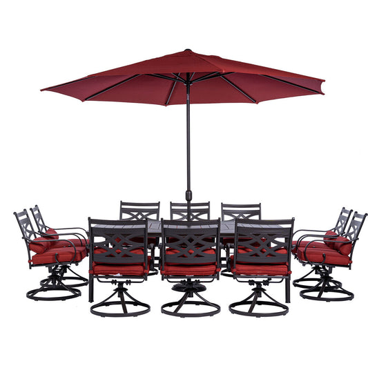 Hanover Montclair11pc: 10 Swivel Rockers, 60"x84" Table, Umbrella, Umb Base137