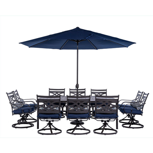 Hanover Montclair11pc: 10 Swivel Rockers, 60"x84" Table, Umbrella, Umb Base138