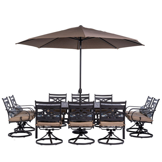 Hanover Montclair11pc: 10 Swivel Rockers, 60"x84" Table, Umbrella, Umb Base139