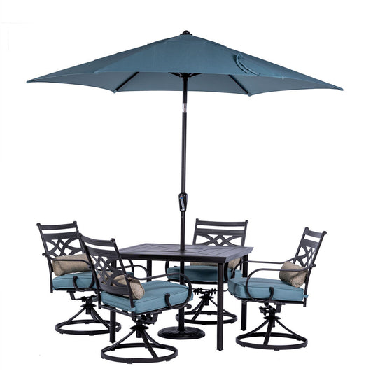 Hanover Montclair 5pc: 4 Swivel Rockers, 40" Square Dining Tbl, Umbrella & Base161
