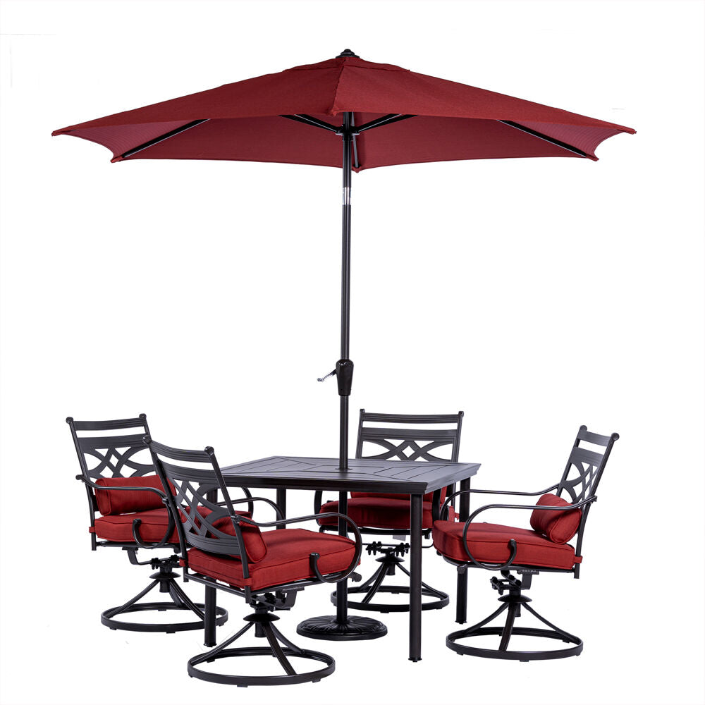 Hanover Montclair 5pc: 4 Swivel Rockers, 40" Square Dining Tbl, Umbrella & Base162