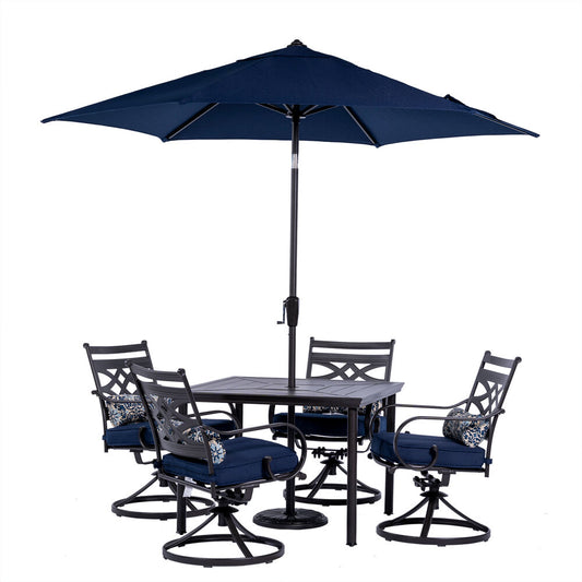 Hanover Montclair 5pc: 4 Swivel Rockers, 40" Square Dining Tbl, Umbrella & Base163
