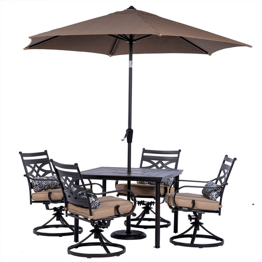 Hanover Montclair 5pc: 4 Swivel Rockers, 40" Square Dining Tbl, Umbrella & Base164