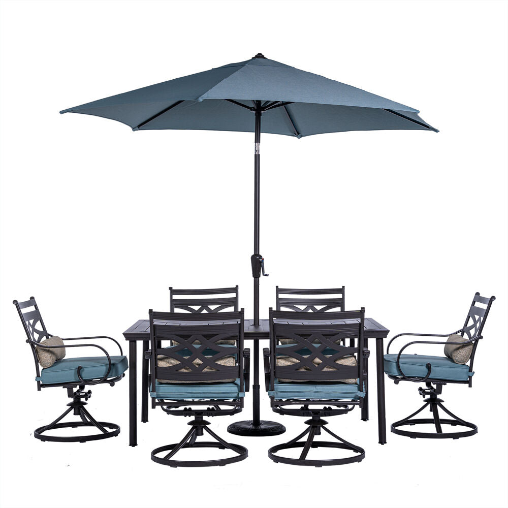 Hanover Montclair7pc: 6 Swivel Rockers, 40x66" Dining Table, Umbrella & Base169