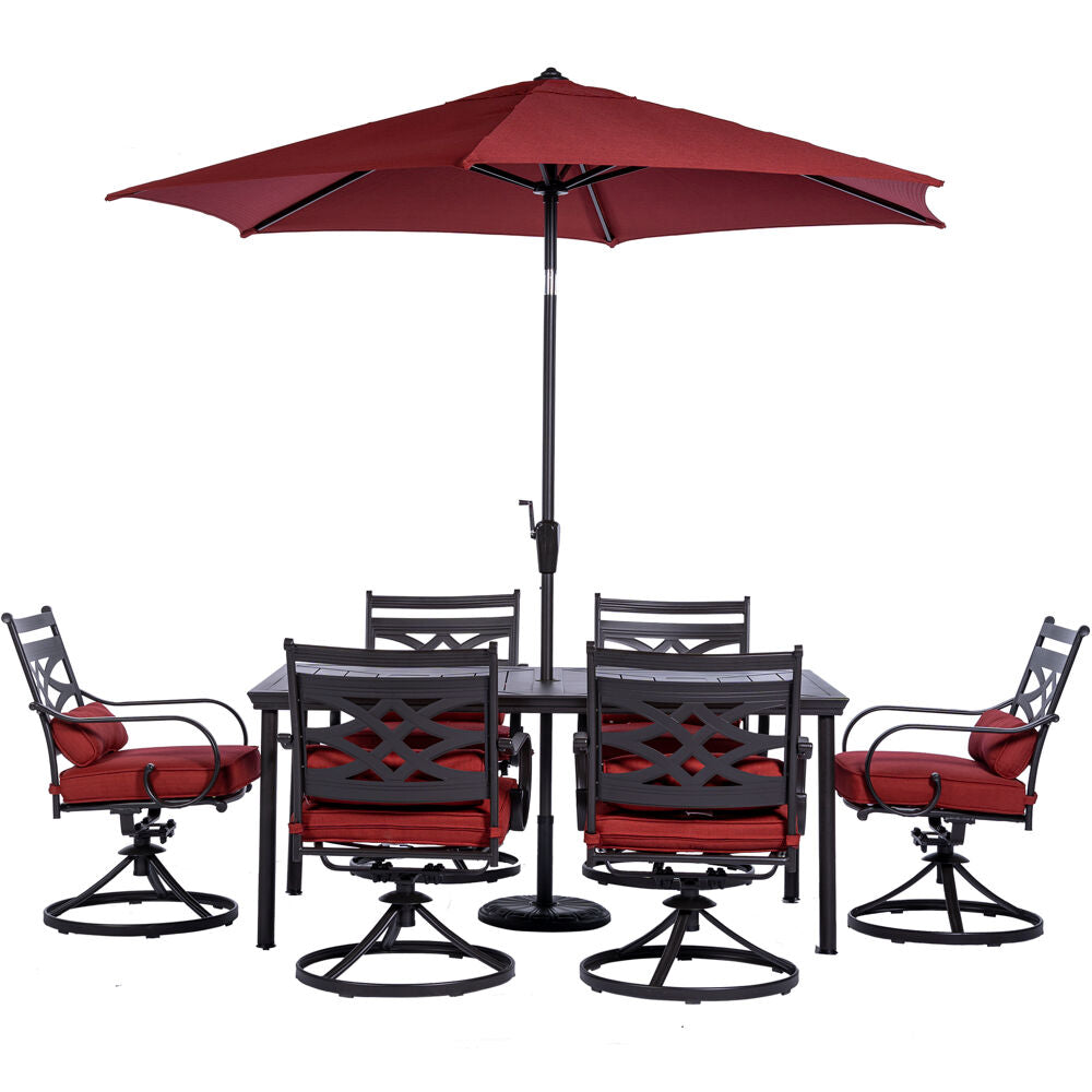 Hanover Montclair7pc: 6 Swivel Rockers, 40x66" Dining Table, Umbrella & Base170