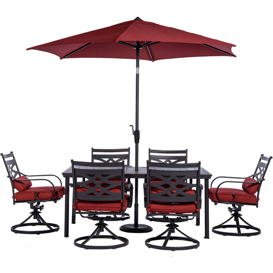 Hanover Montclair7pc: 6 Swivel Rockers, 40x66" Dining Table, Umbrella & Base170