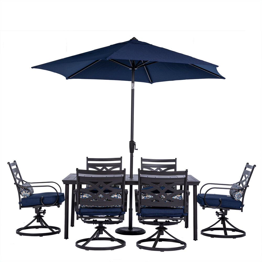 Hanover Montclair7pc: 6 Swivel Rockers, 40x66" Dining Table, Umbrella & Base171