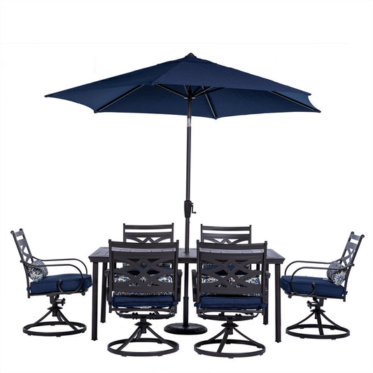 Hanover Montclair7pc: 6 Swivel Rockers, 40x66" Dining Table, Umbrella & Base171
