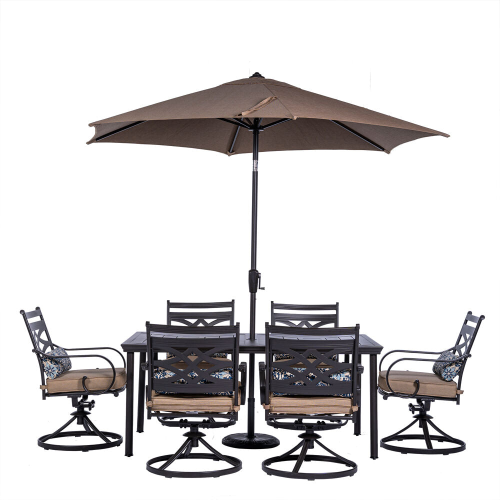 Hanover Montclair7pc: 6 Swivel Rockers, 40x66" Dining Table, Umbrella & Base172