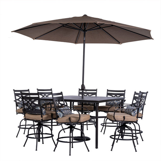 Hanover Montclair9pc High Dining: 8 Swivel Chrs, 60" High Tbl, Umbrella & Base174
