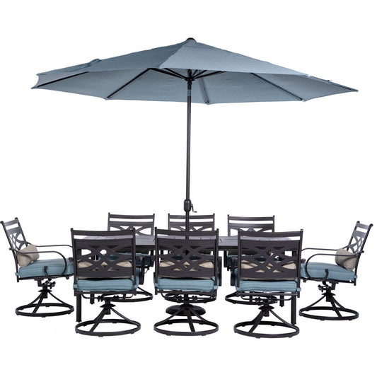 Hanover Montclair9pc: 8 Swivel Rockers, 42"x84" Dining Tbl, Umbrella, Umb Base179