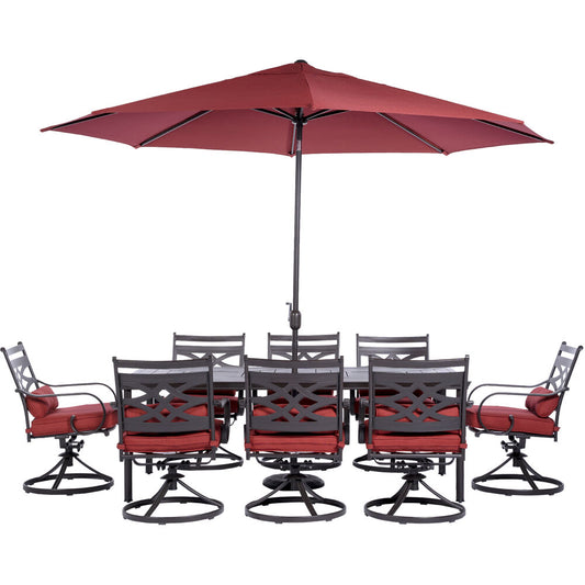 Hanover Montclair9pc: 8 Swivel Rockers, 42"x84" Dining Tbl, Umbrella, Umb Base180