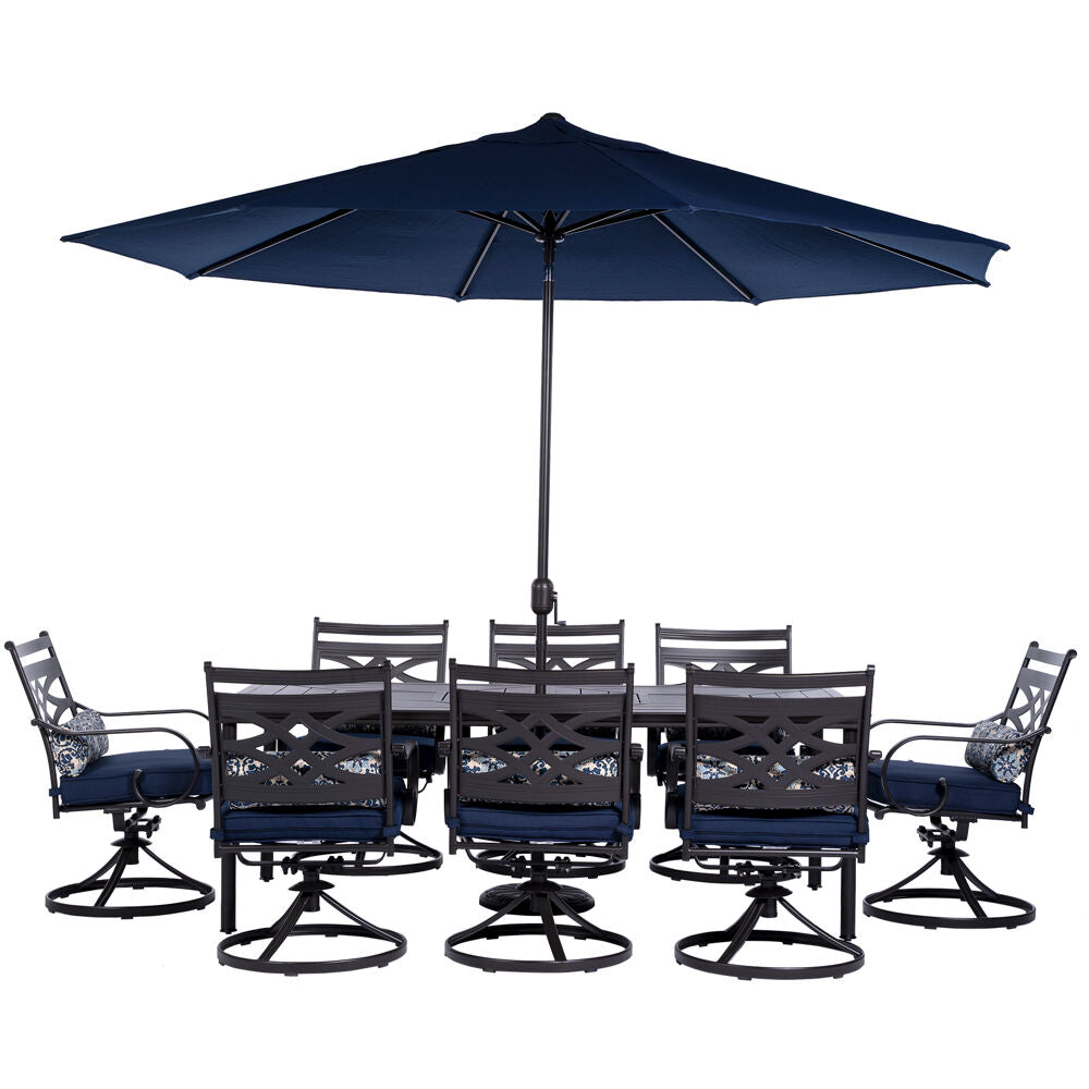 Hanover Montclair9pc: 8 Swivel Rockers, 42"x84" Dining Tbl, Umbrella, Umb Base181