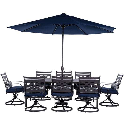 Hanover Montclair9pc: 8 Swivel Rockers, 42"x84" Dining Tbl, Umbrella, Umb Base181