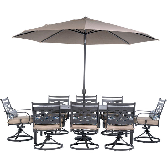 Hanover Montclair9pc: 8 Swivel Rockers, 42"x84" Dining Tbl, Umbrella, Umb Base182