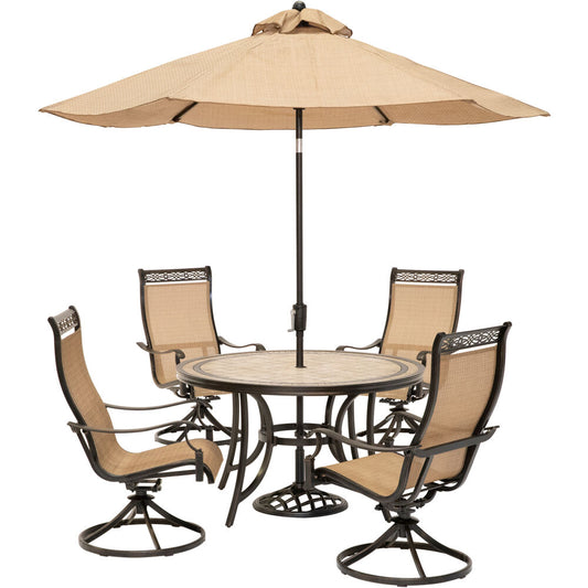 Hanover Monaco5pc: 4 Sling Swivel Rockers, 51" Round Tile Top Table, Umbrella194