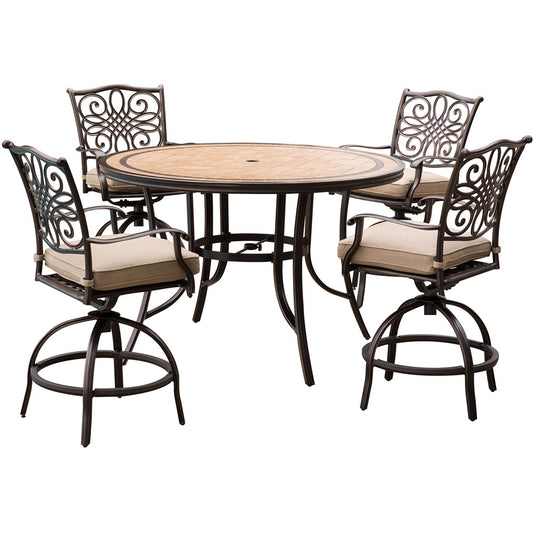 Hanover Monaco5pc: 4 Cush Sling Swvl Cntr Height Chrs, 56" Rnd Tile Table(36"H)200
