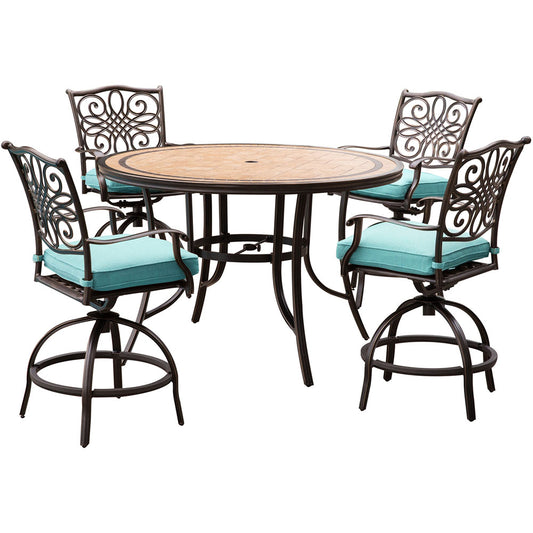 Hanover Monaco5pc: 4 Cush Sling Swvl Cntr Height Chrs, 56" Rnd Tile Table(36"H)201