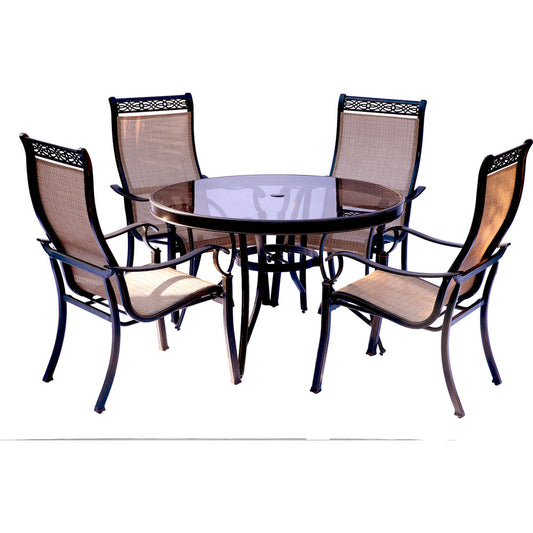 Hanover Monaco5pc: 4 Sling Dining Chairs, 48" Round Glass Top Table202