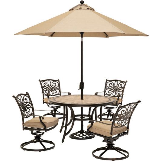Hanover Monaco5pc: 4 Cush Swivel Rockers, 51" Round Tile Top Table, Umbrella207