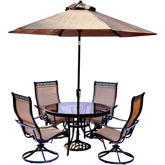 Hanover Monaco5pc: 4 Sling Swivel Rockers, 48" Round Glass Top Table, Umb, Base209