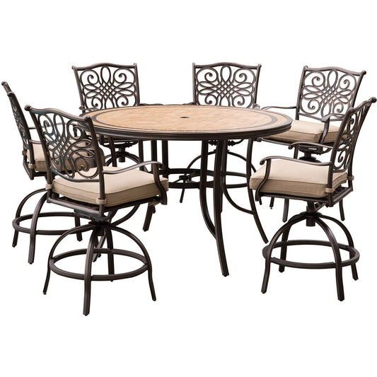 Hanover Monaco7pc: 6 Cush Swivel Counter Height Chairs, 56" Rnd Tile Tnbl (36"H)212