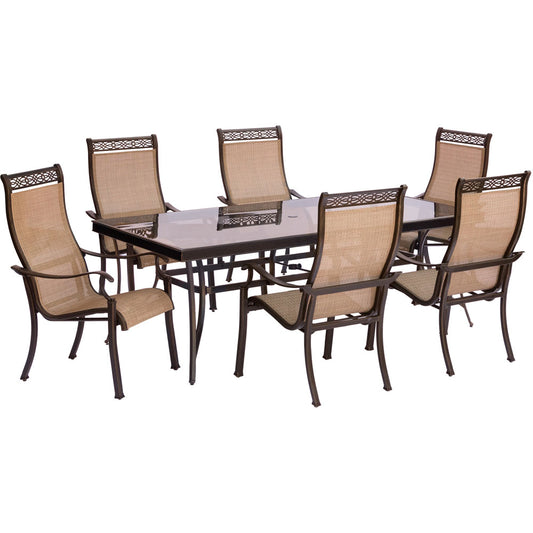 Hanover Monaco7pc: 6 Sling Dining Chairs, 42x84" Glass Top Table214