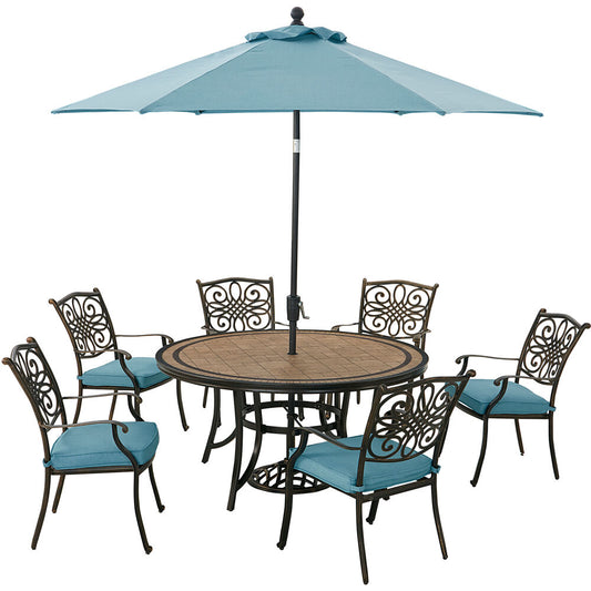 Hanover Monaco7pc: 6 Cush Stationary Chairs, 60" Round Tile Tbl, Umbrella, Base216
