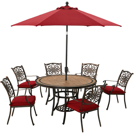 Hanover Monaco7pc: 6 Cush Stationary Chairs, 60" Round Tile Tbl, Umbrella, Base217