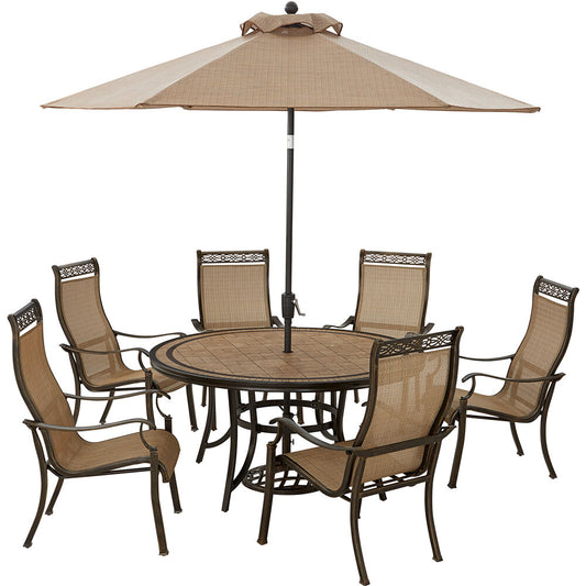 Hanover Monaco7pc: 6 Sling Dining Chairs, 60" Round Tile Table, Umbrella, Base219