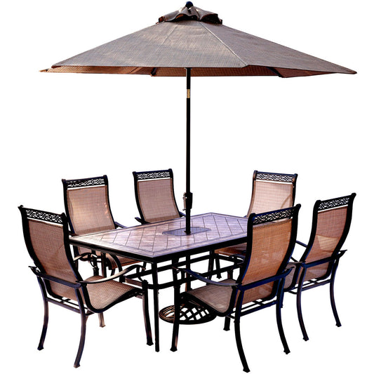 Hanover Monaco7pc: 6 Sling Dining Chairs, 40x68" Tile Top Table, Umbrella, Base221