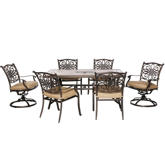 Hanover Monaco7pc: 4 Cush Dining Chairs, 2 Cush Swvl Chairs, 40x68" Tile Top Tbl222